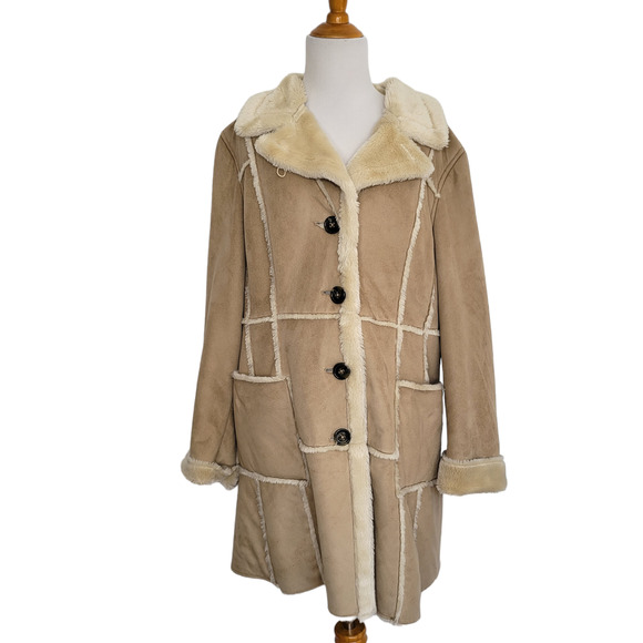 Big Chill Penny Lane Coat Tan Faux Shearling Y2K Patchwork Women Large - Picture 1 of 16